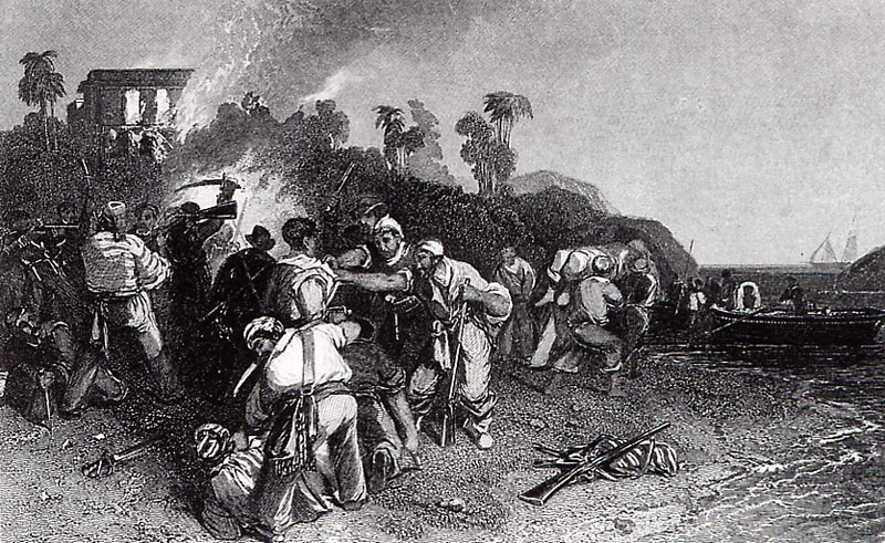 Pirates plundering a Spanish settlement